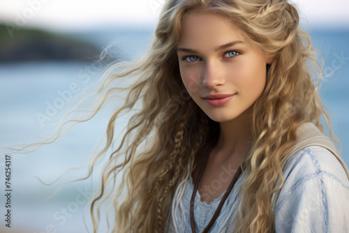 Beautiful gorgeous Nordic blonde haired blue eyed teenager girl  ancient Greek priestess