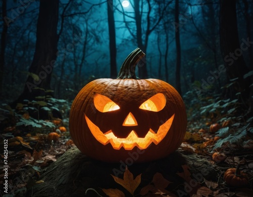 Illustration of Halloween background. Devil Pumpkin in mystery forest
