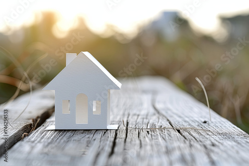 A paper house placed on a wooden plank symbolizing family, home loan finance, or property insurance concept photo