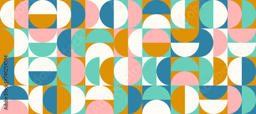 Bright semicircle seamless pattern. Abstract geometric half circle and square repeating background. Color Swiss modernism or postmodernism style wallpaper. Vector pink, golden, green modular backdrop