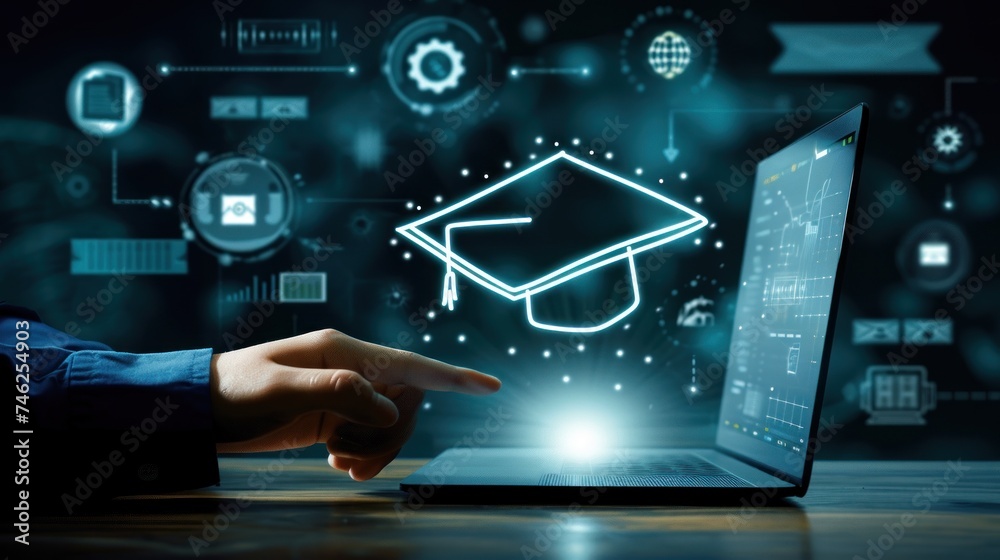 education icon on virtual screen on laptop. learning, technology education concept .online lesson learning education icon on virtual screen on laptop. learning, technology education concept .online lesson learning