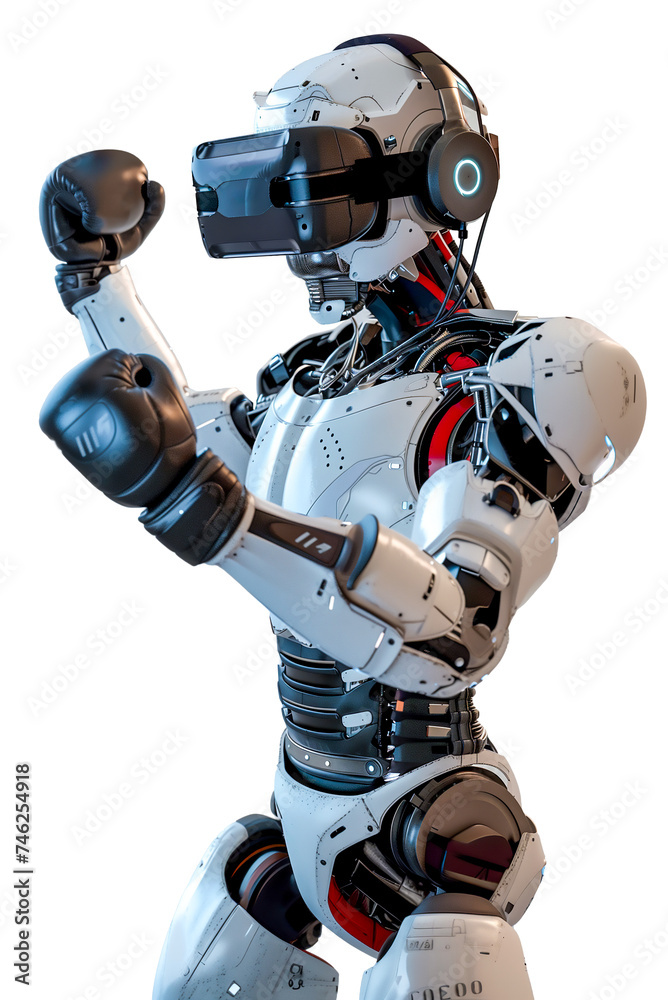 A boxing robot wearing a VR headset A boxing robot wearing a VR headset
