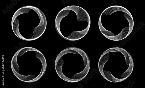 Blend linear and dotted circle frames set. Black and white round border collection. Curved wave dots and lined circles on black background. Circular tech border pack. Vector design element bundle