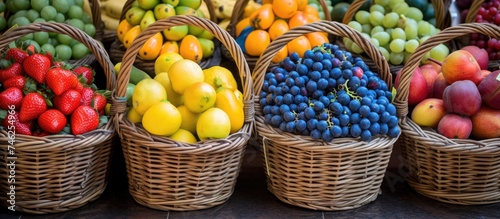Colorful assortment of farm fresh fruits arranged in beautiful wicker baskets  showcasing natures bounty.