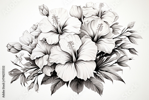 Drawings of hand-drawn Hibiscus coloring page style on white background