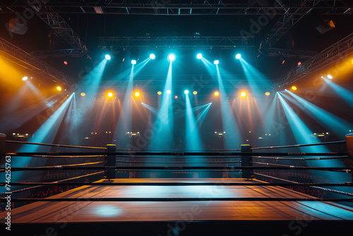 A professional boxing arena illuminated with lights