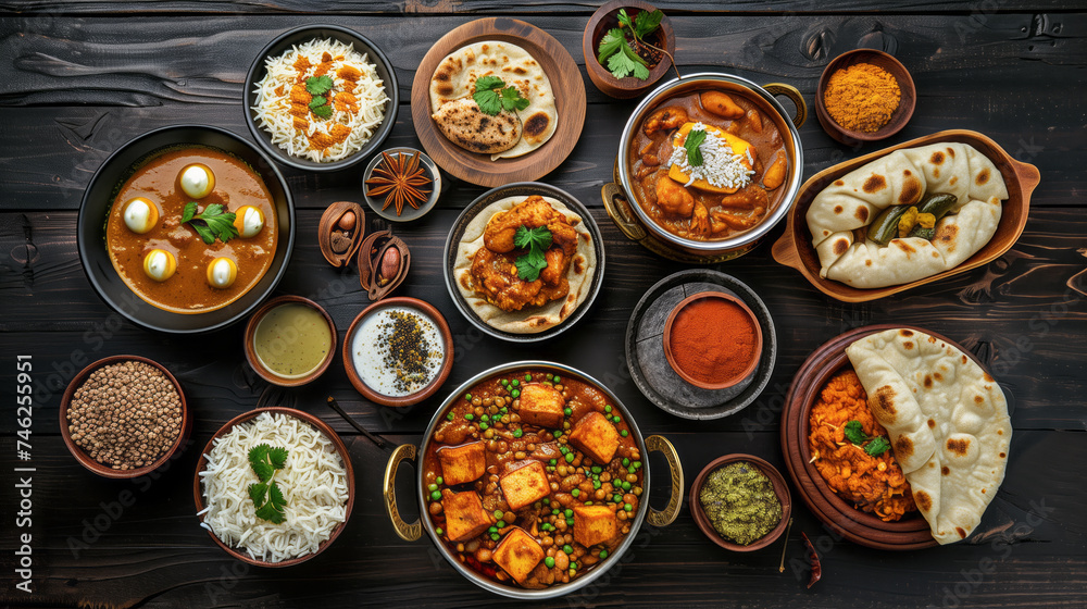 Assorted Indian cuisine on a dark wooden background, featuring dishes like curry, butter chicken, rice, lentils, paneer, samosa, naan, chutney, and spices. Presented in bowls and plates