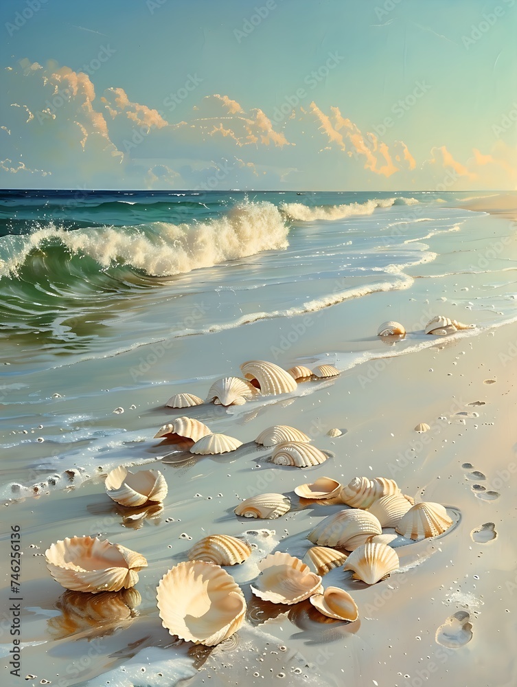 Seashells deposited on the shore by waves Seashells deposited on the shore by waves