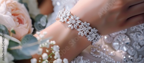 A detailed view showcasing a persons wrist adorned with a gorgeous bridal bracelet, catching the light in a stunning display of elegance and sophistication.
