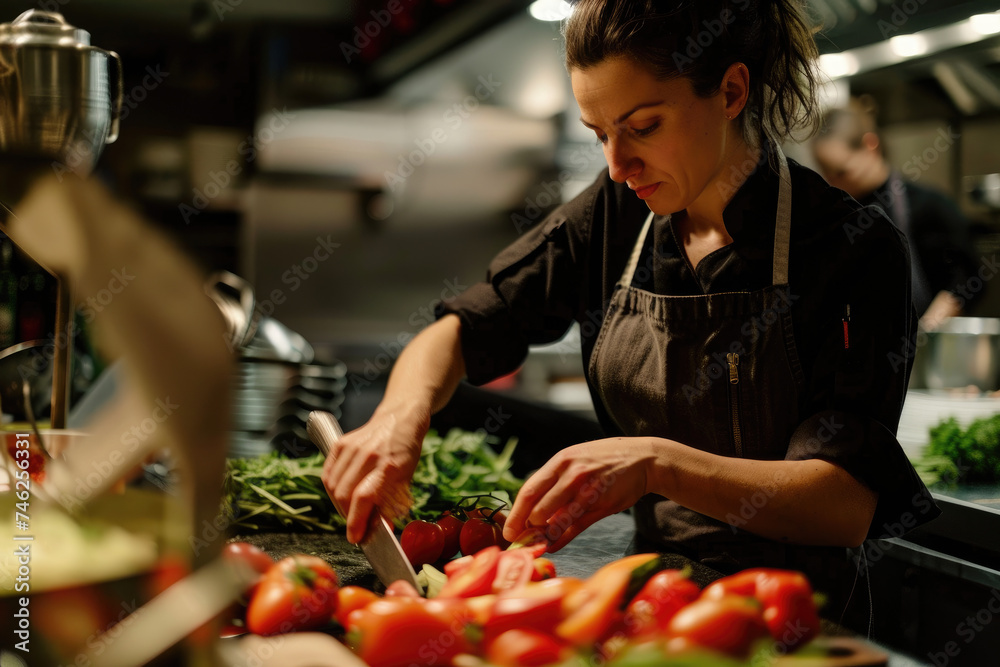 female Chef cutting vegetables on the table in a restaurant