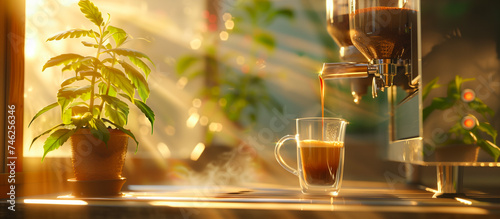 cup of coffee pouring from coffee machine