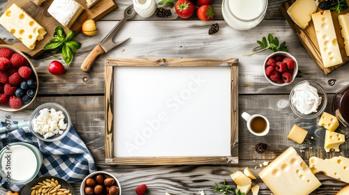 Dairy products background with white board in the middle