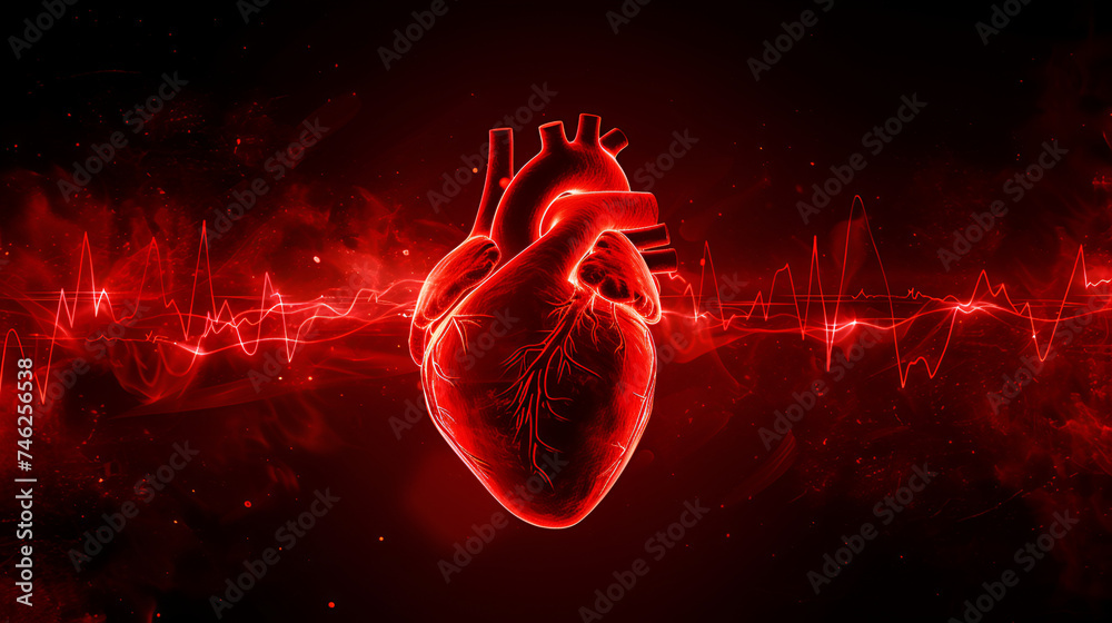 Abstract human heart shape with red cardio pulse line. Creative stylized red heart cardiogram with human heart on black background. Health, cardiology, cardiovascular diseases concept. Generative AI  - obrazy, fototapety, plakaty 