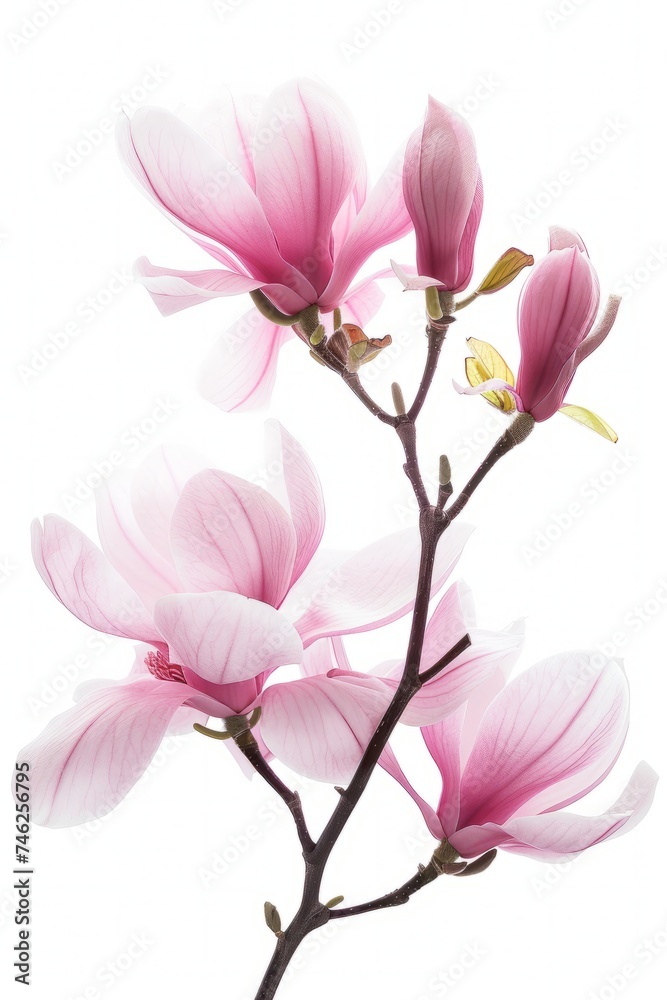 Obraz premium Blooming Magnolia Flowers Against a Bright White Background in Springtime