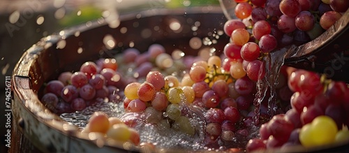 Red and white grapes are being washed in a bucket filled with water. This process is a part of the grape harvest for wine making and viticulture. The grapes are being prepared for further processing