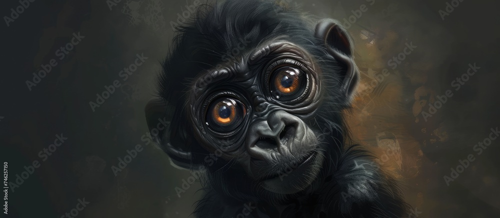 A painting featuring a baby gorilla with oversized eyes, gazing curiously at the viewer. The monkeys expressive eyes add a sense of innocence and wonder to the artwork. A painting featuring a baby gorilla with oversized eyes, gazing curiously at the viewer. The monkeys expressive eyes add a sense of innocence and wonder to the artwork.