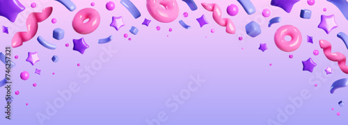 Pink and purple confetti flying in air. Vector realistic illustration of 3D stars, torus, serpentine ribbons, cubes, curls isolated on gradient background, birthday firecracker explosion effect