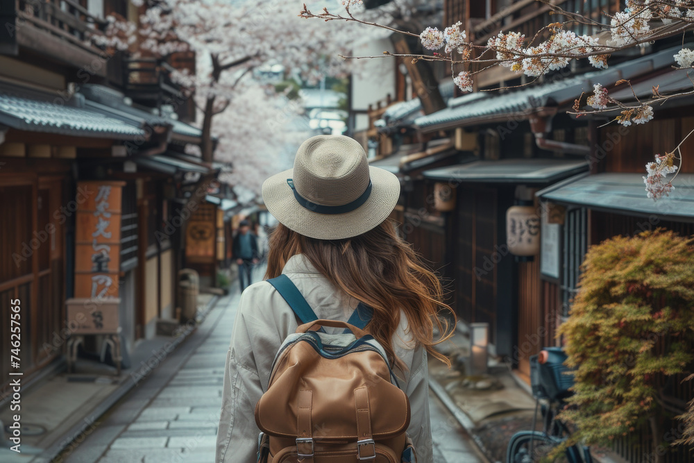 Woman Exploring Traditional Japanese Alley with Cherry Blossoms