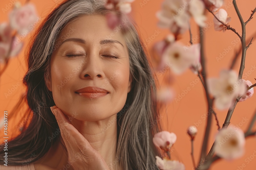 Mature Asian woman with cherry blossoms on a peach background. Portrait of a gorgeous happy middle-aged Asian woman, an elderly woman over 50 years old. The concept of beauty. Skin care.