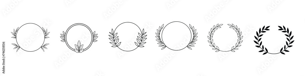 floral line and leaf circle frames, Set of black laurels frames branches. Vintage laurel wreaths collection.Set of vector graphic circle frames. Wreaths for design, round frame. Floral wreath