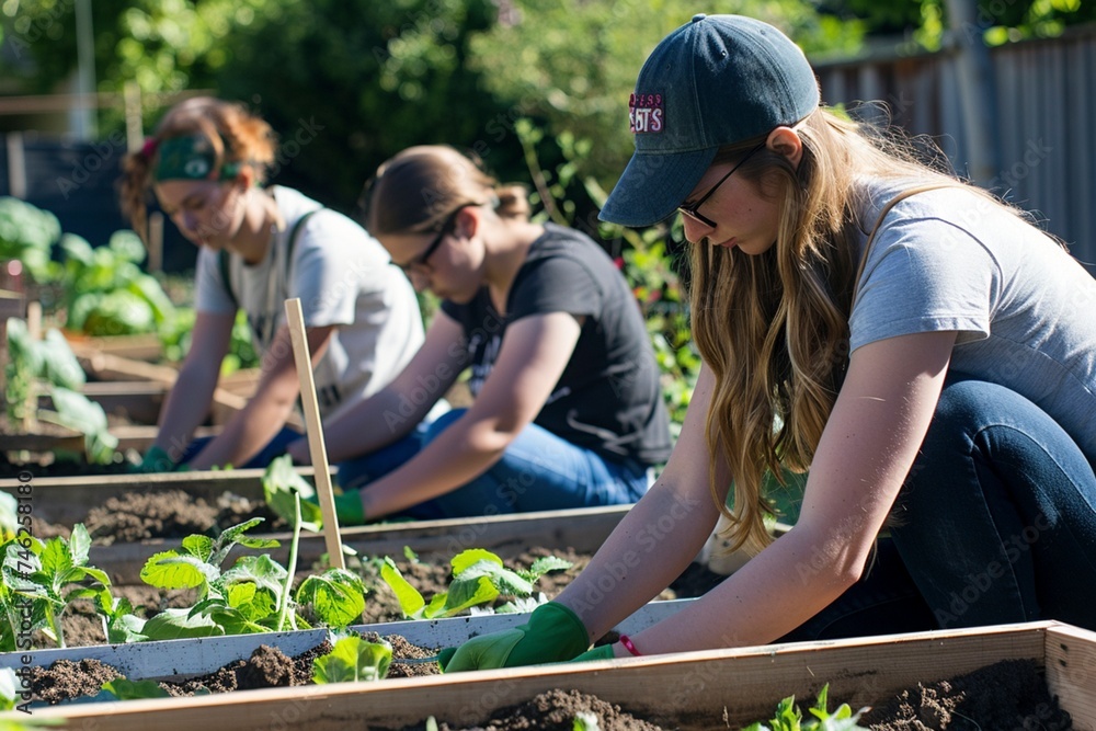 Voluntarias jóvenes plantando con cuidado en un huerto urbano comunitario en un día soleado Voluntarias jóvenes plantando con cuidado en un huerto urbano comunitario en un día soleado