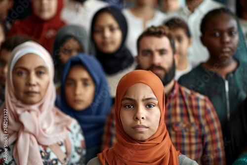 Joven con hiyab naranja se destaca entre una multitud multicultural desenfocada, mirando a la cámara © David Martínez