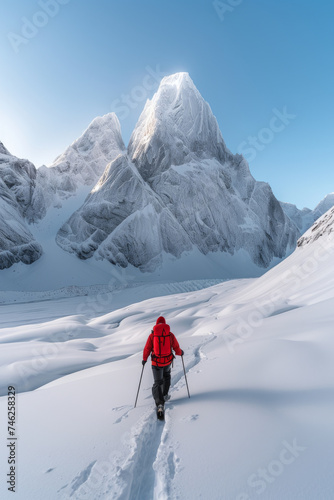 Solo Adventurer Trekking Towards Snow-Covered Mountain Peak © artem