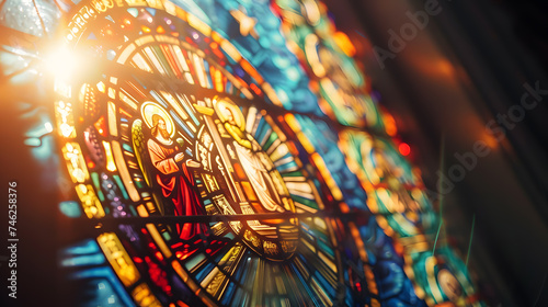 A close-up of a stained glass window. The religious scene depicted in detail. The colors vibrant and saturated. The design of the window intricate and detailed.