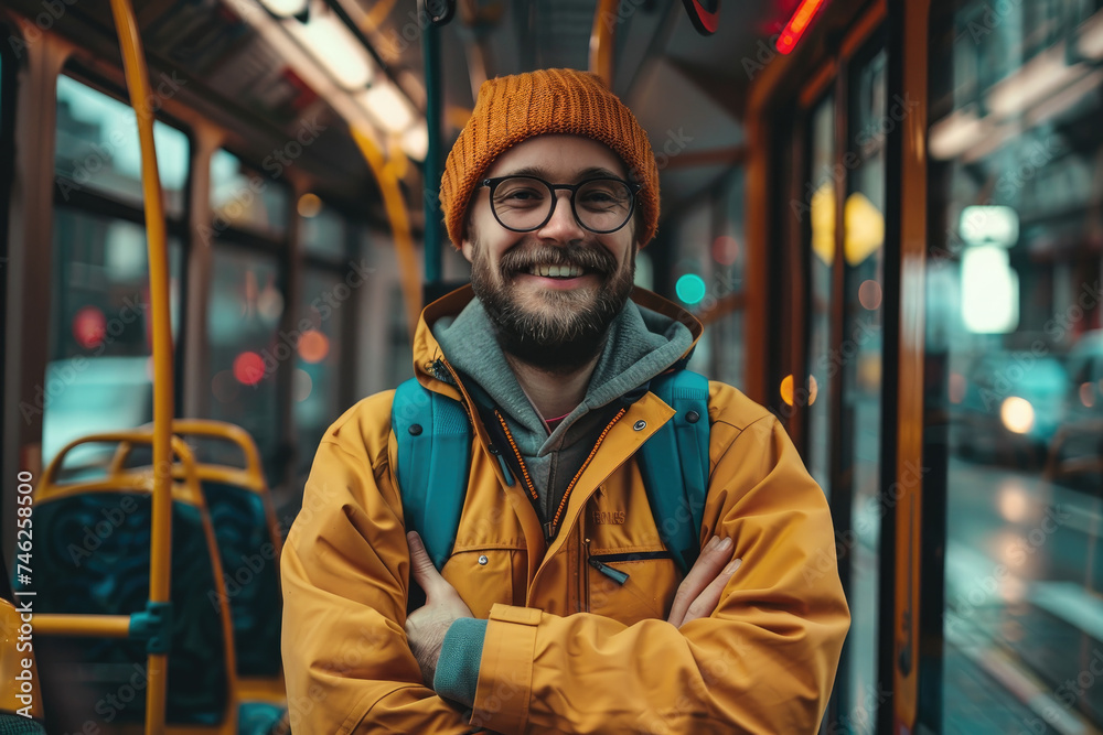 Happy bus driver standing with arms crossed at looking at camera