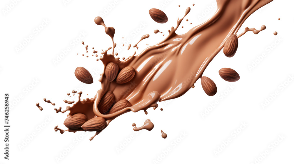 chocolate wave splash with almonds isolated on white background chocolate wave splash with almonds isolated on white background