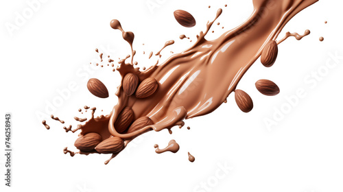 chocolate wave splash with almonds isolated on white background