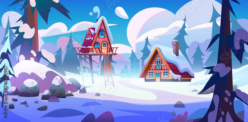 Wooden cabins standing in frozen forest covered with snow. Cartoon vector landscape with wood triangular houses for winter woodland camping and recreation. Cozy snowy cottage among firs.