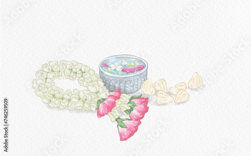 Hand-painted, watercolor-style, on paper. About the equipment that represents Songkran in Thailand: water bowls with floating flowers, jasmine and rose garlands with chalk used during this festival.