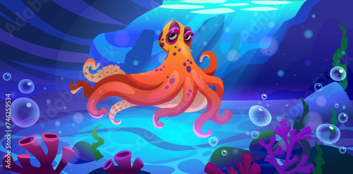 Octopus cartoon character swimming underwater. Vector seabed landscape with corals, seaweeds and bubbles deep under water. Marine animal with tentacle and cute face on bottom of ocean or aquarium.