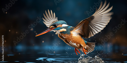 Kingfisher , Majestic Dive for Prey, Wings Outstretched in a Splash of Nature's Brilliance ,A bird is flying over the water with a blurry background.