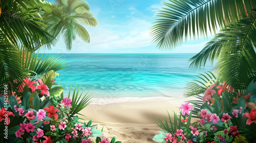 Colorful beach by the sea with palms and tropical flowers. Background with copy space. Seascape with exotic plants frame.