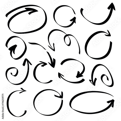 Vector set of abstract round bold arrows Hand drawn grunge pointers. Isolated lines for design.