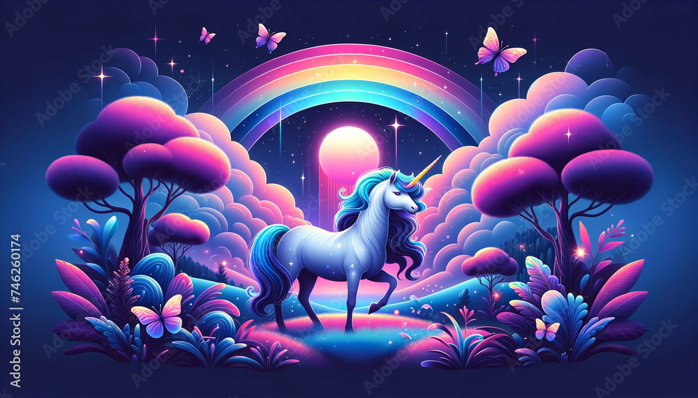Neon-hued unicorn set within a fantastical landscape filled with rainbows - obrazy, fototapety, plakaty 
