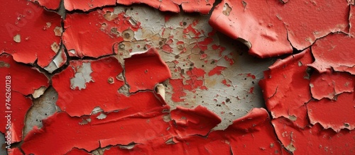This photo shows a close-up view of a cracked metal sheet with peeling red paint. The deterioration of the paint reveals layers of history and wear on the wall.