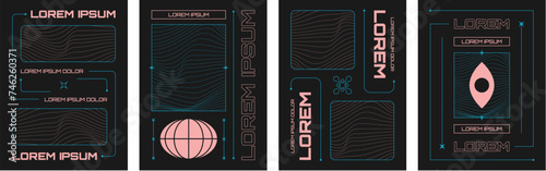 Poster and banner template with wireframe abstract pattern with liquid shape and simple geometric sticker elements on black background. Vector set of retro design layout with grid figure in y2k style.