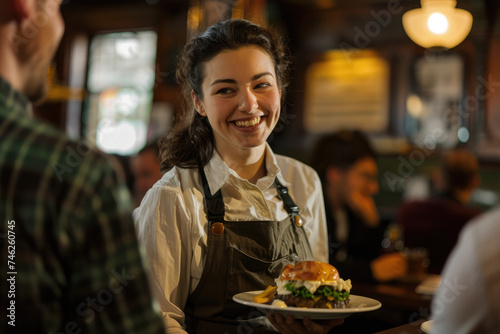 Happy waitress serving food to group of friends in pub