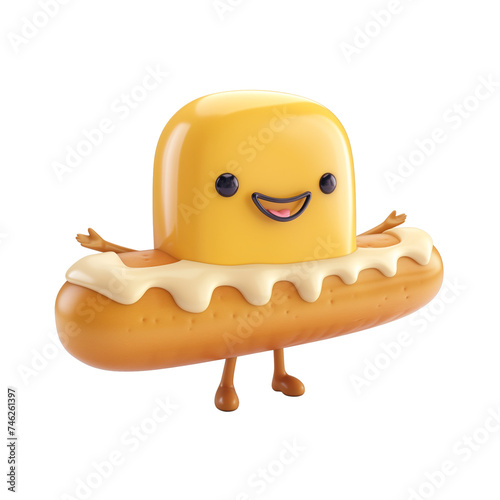 3D cartoon character of a smiling hot dog with mustard isolated on a transparent background, ideal for food-related graphics and National Hot Dog Day promotional materials photo