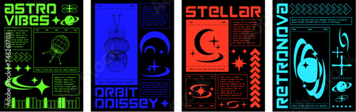 Retro futuristic techno posters set. Vector illustration of retrowave aesthetic banners with wireframe space satellite, radar, planet globe, moon icons on black background, y2k vibe flyer templates