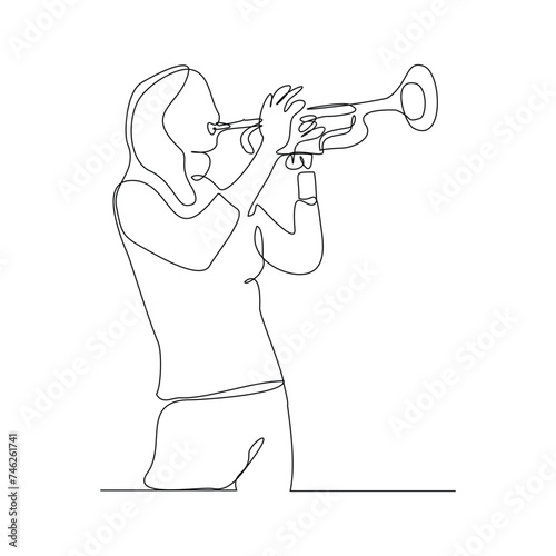 Continuous single line sketch drawing of woman musician classic jazz playing trumpet saxophone music instrument. One line classic royal jazz orchestra vector illustration