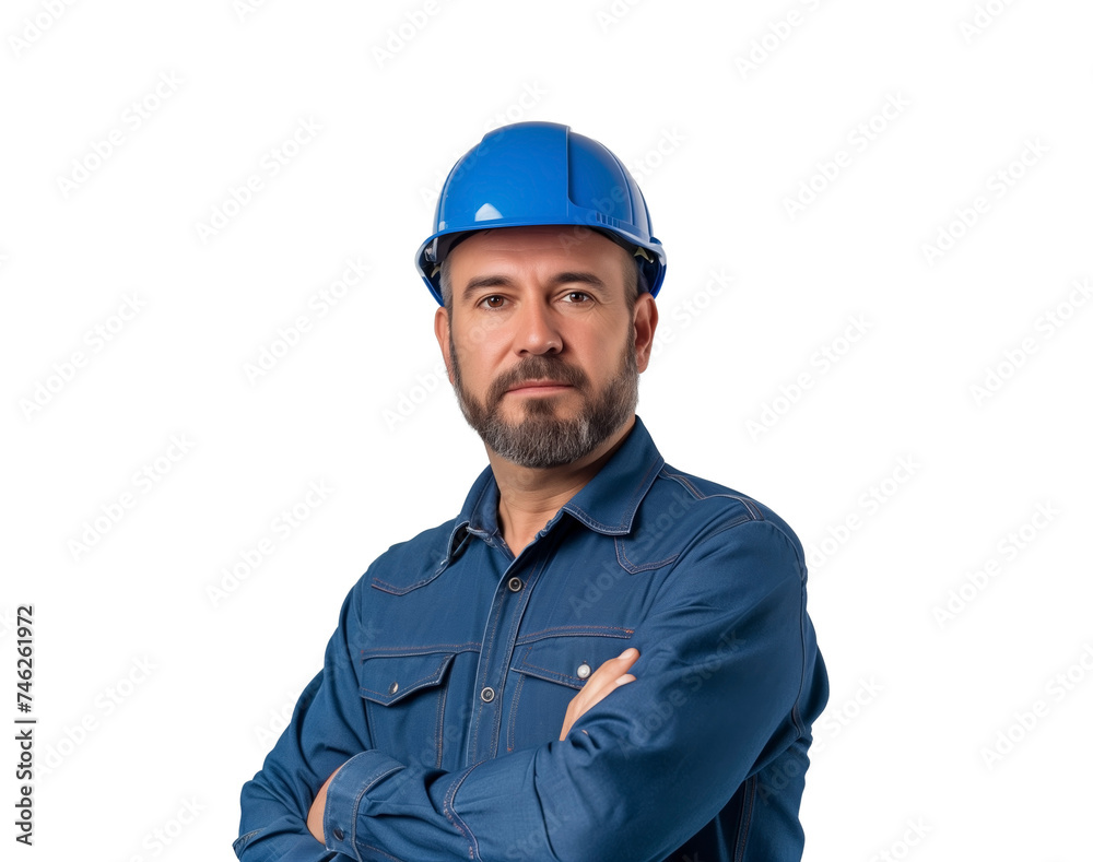 Confident male worker in blue uniform and safety helmet, arms crossed, isolated on a transparent background ideal for Labor Day promotions Ethnicity unspecified Confident male worker in blue uniform and safety helmet, arms crossed, isolated on a transparent background ideal for Labor Day promotions Ethnicity unspecified