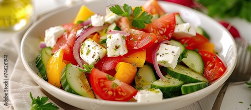 A white bowl is filled with a fresh Greek salad consisting of cucumbers, tomatoes, onions, and feta cheese. The vibrant colors of the vegetables are visually appealing and convey a message of