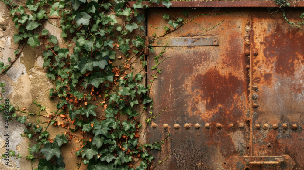 A closeup of a rusted metal door leading to an underground wine storage covered in ivy and surrounded by earthy tones. A closeup of a rusted metal door leading to an underground wine storage covered in ivy and surrounded by earthy tones.