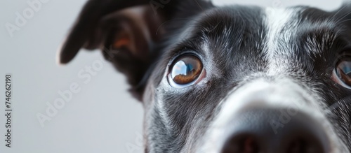 A close-up view of a black and white dogs face, showcasing its distinct markings, expressive eyes, and alert expression. The dogs eyes are being examined by an expert veterinarian for any signs of