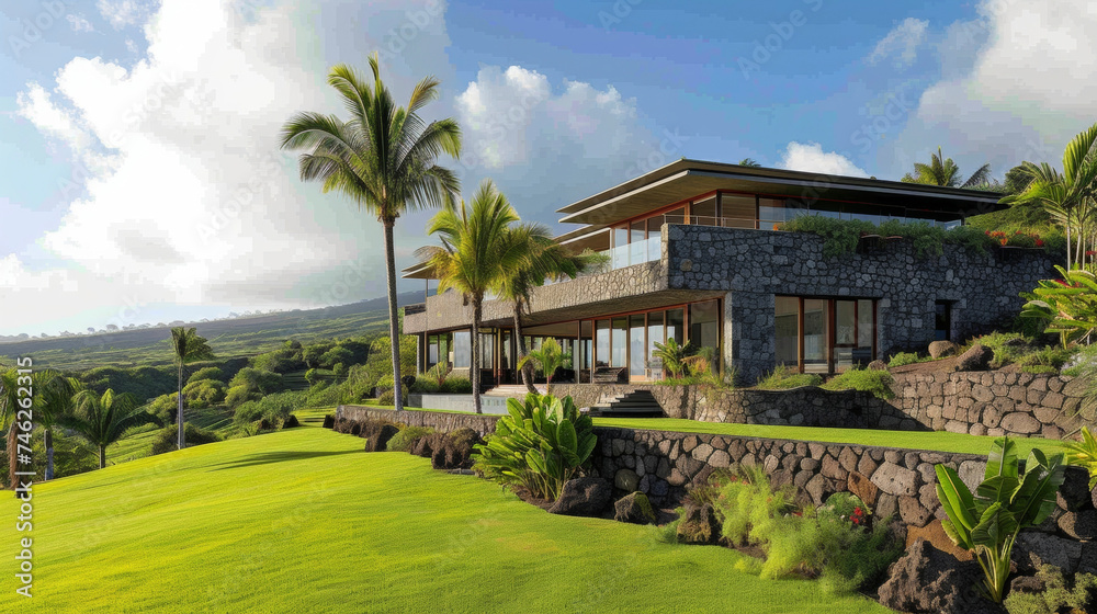 Standing tall on a lush green hill this home is a masterpiece of volcanic stone. Its innovative design accounts for the everpresent threat of eruptions making it both safe