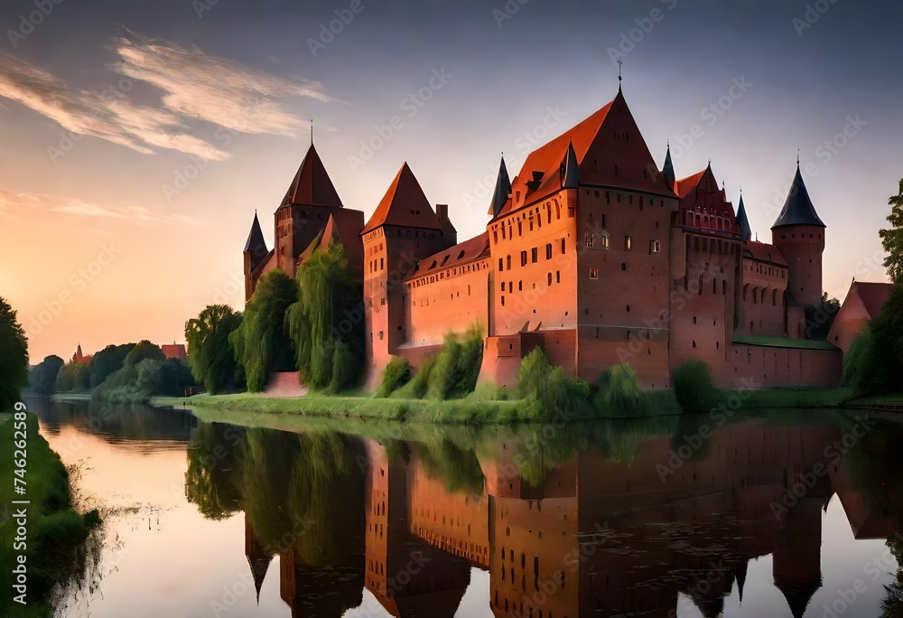 The Castle of the Teutonic Order in Malbork by the Nogat river at dusk. Poland